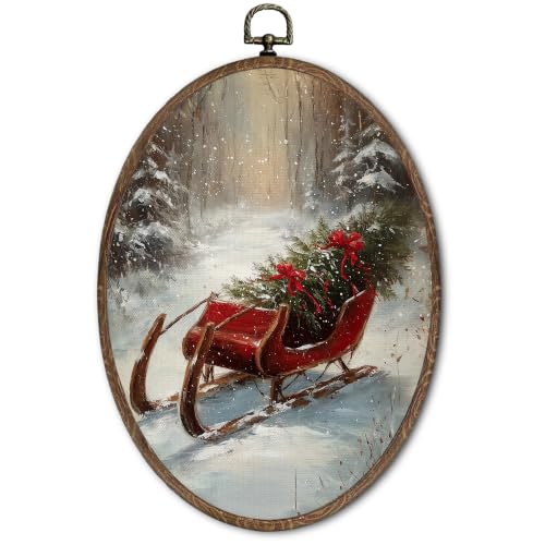 FLAWAFLOMA Winter Red Santa Sleigh Oval Canvas Wall Art Decor 8.6x11.4 Inch - color: Christmas-15