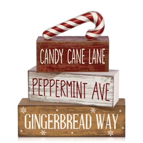 Moucuny 4 Pcs Christmas Table Decor Candy Cane Lane Sign, Wood Block Set - style: Candy Cane Lane