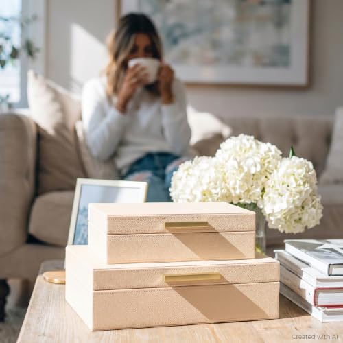 Decorative Storage Boxes with Lids - Set of 2 PU Leather Organizer Bins - color: Beige