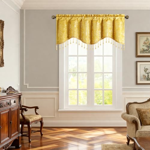Leeva Yellow Floral Scalloped Rod Pocket Window Valance, 52 x 18, 1 Panel - color: Yellow