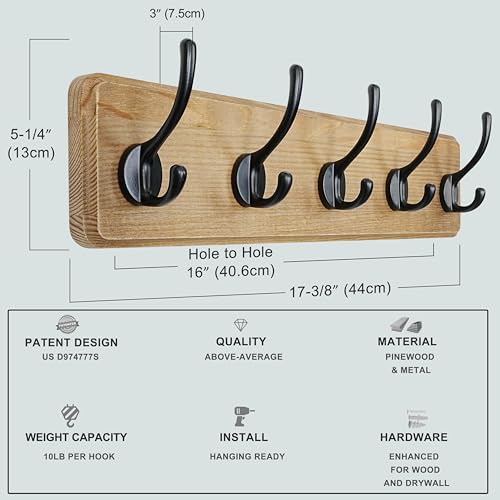 Dseap Coat Rack Wall Mount: Modern, Patented, Heavy-Duty, 17.4" Long 5-Double-Hooks Wooden Hanger Hook Rail for Winter Coats Hat Jacket Clothing, Black - color: Black, size: L=17.4" (1pcs)