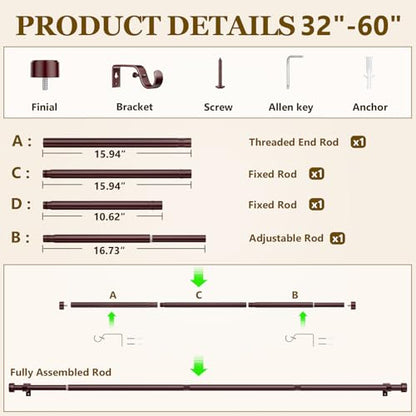 Curtain Rods for Windows 32-60 Inch, 1 Inch Adjustable Brown Curtain Rod Set with Brackets, Easy Install - color: Brown, size: 32"-60"/1 Pack