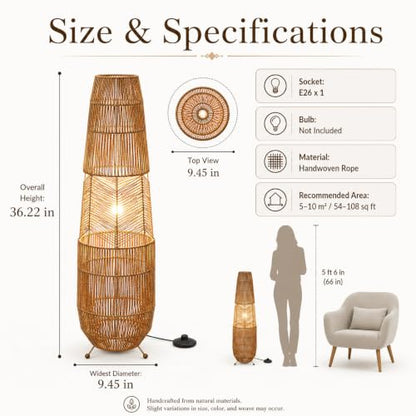 Hand Woven Rattan Floor Lamp,Boho Standing Lamps for Living Room - color: Rope