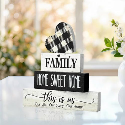 Smile 4 Pcs Family Wooden Tabletop Decor Home Sweet Home Tiered Tray Decoration, Rustic Retro Neutral Wood Heart-Shaped Block Sign, Suitable for Home Shelves Fireplace Mantels - style: Sweet Home