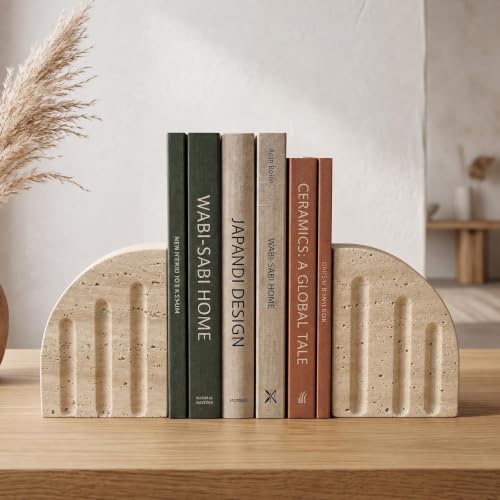 Travertine Book Ends, Decorative Stone Bookends for Shelves, Heavy Bookends - size: Vertical stripes