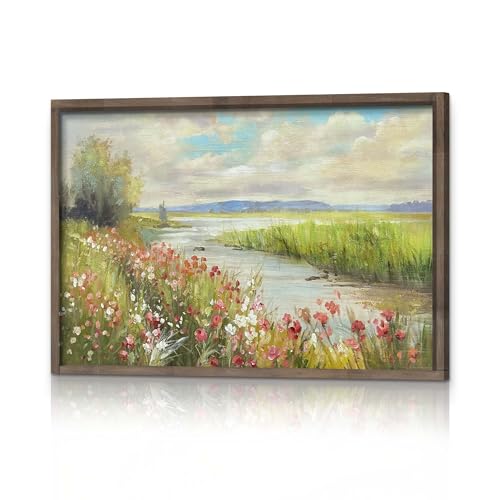 HILL WEST Rustic Landscape Painting Lake Framed Wood Wall Art, 36x24inch - color: Stream, size: 36"L x 24"W