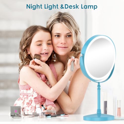 DEIOVWXS Makeup Mirror, Rechargeable Vanity Mirror with 3 Lights, 1X/10X - color: Sky Blue