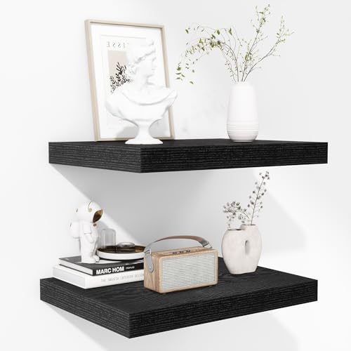 Fun Memories Floating Shelves - 2 Pack 12 Inch Deep Rustic Wooden Wall Shelves - Extra Deeper & Thicker Wall Mounted Storage Shelf for Kitchen, Farmhouse - 16" W x 12" D x 1.5" H - Rustic Black - color: Black, size: 16"L x 12"D