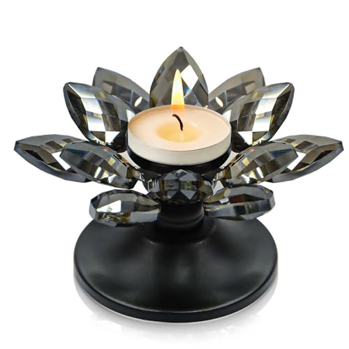 1 PC Black Crystal Flower Tea Light Holder, Glass Tealight Candlestick with Metal Base, Votive Candle for Table Centerpiece, Wedding/Parties Decor, Nice Gift - color: Black