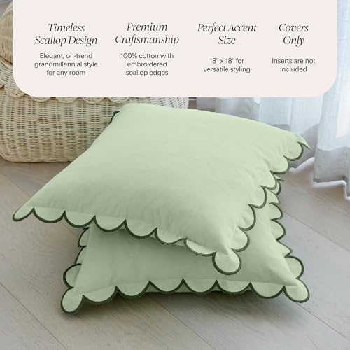 BEBE BASK Scalloped Pillow Cover Set of 2, 18x18, Cotton - Moss Green - color: Moss Green/Green