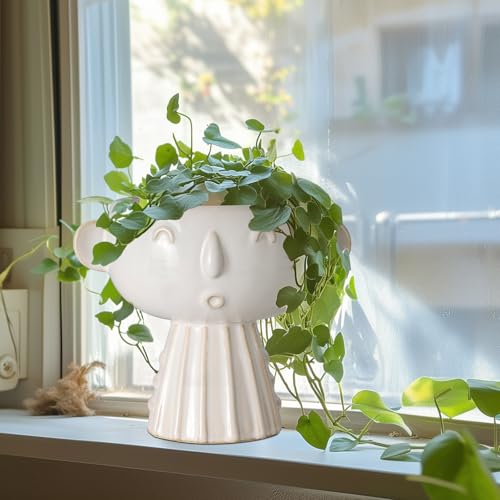 Face Planter Pot 7 Inch - Cute Ceramic Flower Head Planter for Indoor Outdoor Succulent Pot with Drainage Hole Flower Pot Present for Mother Christmas White - color: White-girl