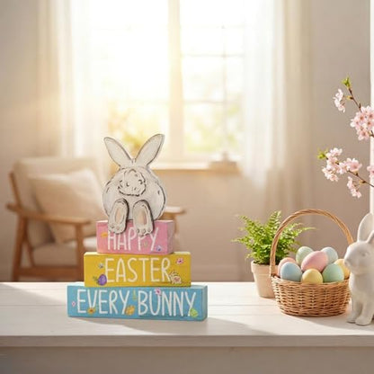 Smile Happy Easter Every Bunny Wooden Block Stack Decor, 3-Tiered Pastel Blocks with Bunny Silhouette for Spring & Easter Tabletop Display