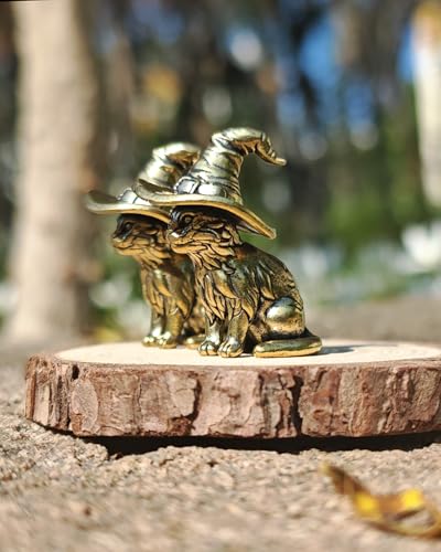 2Pcs Brass Witch Cat Statues, Mini Wizard Hat Figurines for Shelf Desk