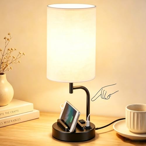 Dreamholder Touch Control USB Table Lamp with USB C/A & AC Outlet, 3-Way Dimmable Bedside Lamp, Modern Nightstand Lamps for Bedroom Living Room Guest Room Office, Bulb Included, Black - color: Black