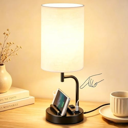 Dreamholder Touch Control USB Table Lamp with USB C/A & AC Outlet, 3-Way Dimmable Bedside Lamp, Modern Nightstand Lamps for Bedroom Living Room Guest Room Office, Bulb Included, Black - color: Black
