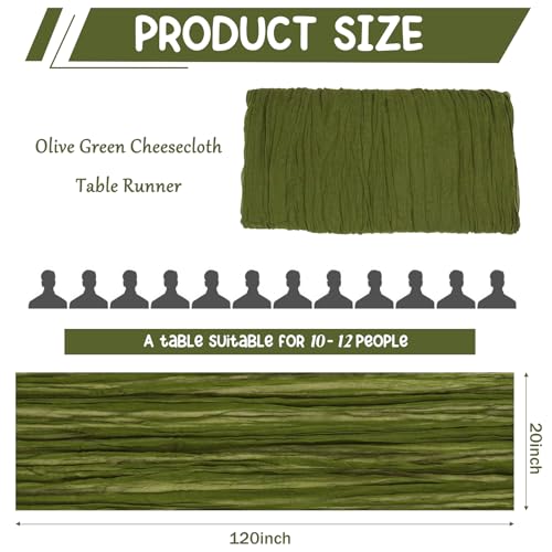 2 Pack 120 Inch Olive Green Cheesecloth Table Runner Boho Rustic Gauze Sheer Romantic 10 FT Long Cheese Cloth Table Runner for Bridal Baby Shower Wedding Party Birthday Holiday Home Easter Decor - color: Olive Green
