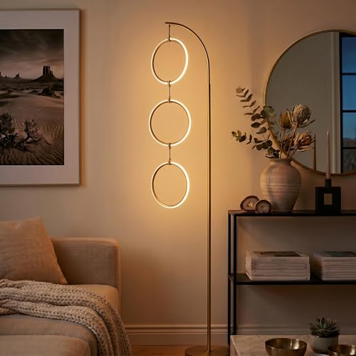 Brightech 3 Ring Lamp - 74" Dimmable LED Floor Lamp with 3 Hanging Light Rings, Modern Arc Standing Tree Lamp for Living Room, Bedroom and Office, 30W Warm White LED, Gold Brass - color: Brass