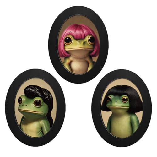 3Pcs Funny Haircut Frog Oval Wall Art Framed Meme Whimsical Decor | Frog Hairstyle Oval Wall Decor Modern Animal Meme Canvas Prints Hanging Decor for Home Bedroom Bathroom Living Room - color: color-V