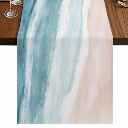 Ombre Coastal Table Runner 36 Inches Long,Summer Ocean Beach Beige Cotton Linen Table Runners Dresser Scarves,Gradient Blue Waves Fabric Tabletop Scarf Furniture Cover for Home Dinner Party 13"x36" - color: Light Blue Green Beige, size: 13x36 Inches
