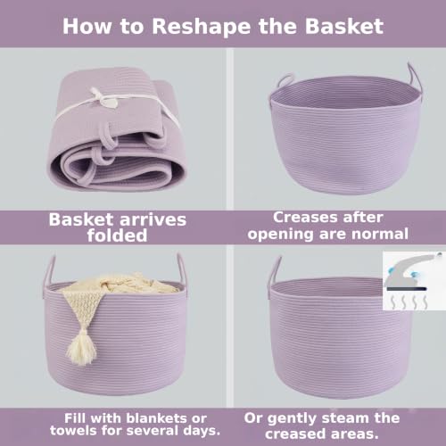 XUANGUO 66L Large Blanket Basket, Round Cotton Rope Basket, Purple - color: purple or lavendor