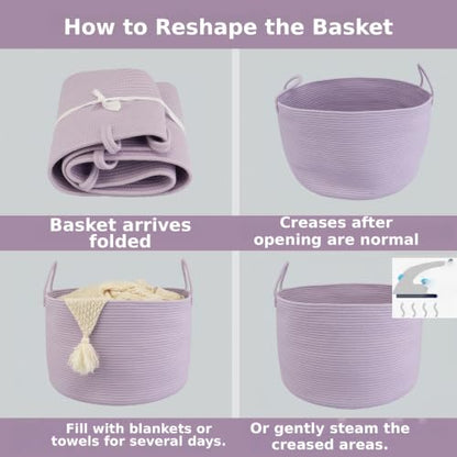 XUANGUO 66L Large Blanket Basket, Round Cotton Rope Basket, Purple - color: purple or lavendor