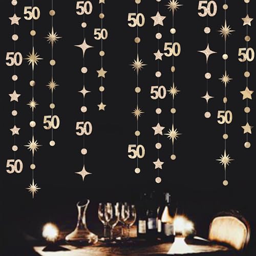 Champagne Gold 50th Birthday Decorations Number 50 Circle Dot Star Garland Metallic Streamer Banner for Women Mens Cheers to 50 Years Old Birthday Happy 50th Anniversary Vintage 1975 Party Supplies - color: Champagne Gold