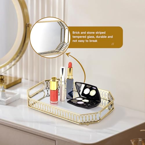 Mirrored Perfume & Makeup Vanity Tray - Hollow-Out Jewelry Storage, Gold Metal & Glass Trinket Organizer for Dresser & Bathroom Countertop, 11.3" Small Size - size: 11.3" x 7" x 2"