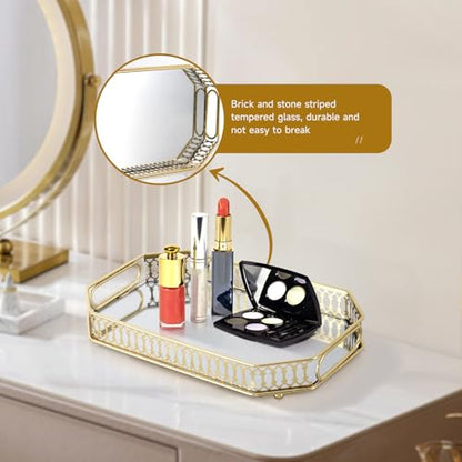 Mirrored Perfume & Makeup Vanity Tray - Hollow-Out Jewelry Storage, Gold Metal & Glass Trinket Organizer for Dresser & Bathroom Countertop, 11.3" Small Size - size: 11.3" x 7" x 2"