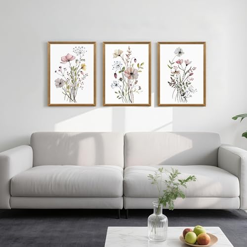 WRFON Framed Botanical Canvas Wall Art Set of 3, Watercolor Floral Prints, Framed Flower Wall Decor for Bedroom Bathroom Living Room, 12x16 Inch Each - color: Pink Flower(Framed), size: 16"L x 12"W