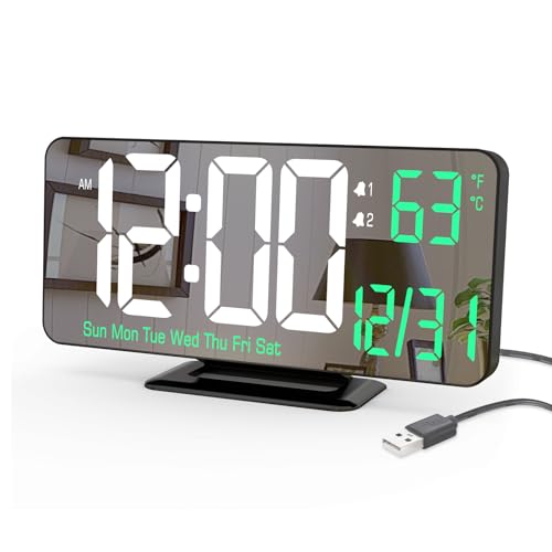 KOSUMOSU Desk Clock 6.7in Black Digital Alarm Clock with Dual Alarm, Dimming, Date, Day of Week, Temp, 12h 24h, Digital LED Clock for Table Decor, Digital Calendar Mirror Clocks Essentials - color: Black Clock