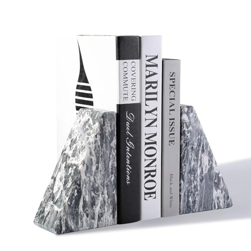 Koville Marble Bookends for Shelves, Large Bookends for Heavy Books, Natural Stone Book Stopper for Books CD Movies, Aesthetic Decorative Book Ends (Grey) - color: Gray