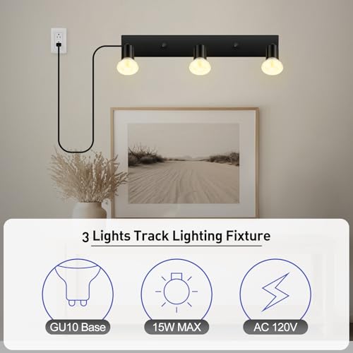 Plug in Track Lighting,LED Track Light Fixtures Ceiling,Black 3 Way GU10 Wall Spotlight,Rotatable Track Head, Plug in Ceiling Light Kitchen Hallway Living Room,15 Foot Power Cord(NO Bulb) - color: Black-3 lights