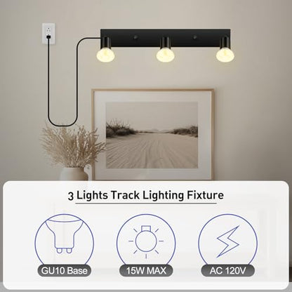 Plug in Track Lighting,LED Track Light Fixtures Ceiling,Black 3 Way GU10 Wall Spotlight,Rotatable Track Head, Plug in Ceiling Light Kitchen Hallway Living Room,15 Foot Power Cord(NO Bulb) - color: Black-3 lights