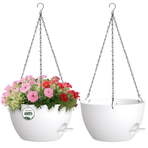 2 Pack 12 Hanging Flower Pots with Chains - Self Watering Plastic Planters for Indoor & Outdoor Plants, Sturdy Triangular Iron Chain Design for Garden PorchPlastic Hanging Flower pots (White) - color: White