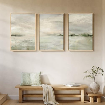 Large Framed Sage Green Abstract Landscape Wall Art, 3 Piece Set, 20x30 In - color: Warm Green, size: 20" W x 30" H x 3pcs