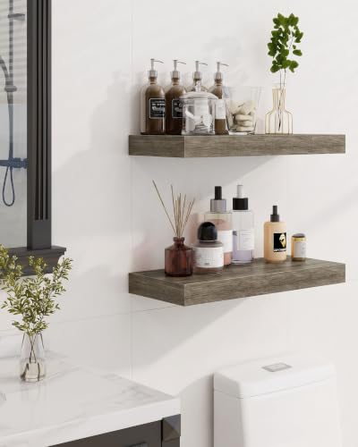 Marsmiles 55" Floating Shelves for Wall, Wooden Shelves with Invisible Brackets Set of 2, Rustic Farmhouse Wall Mounted Shelf for Kitchen Bathroom Living Room Study, Grey - color: Grey, size: 55"