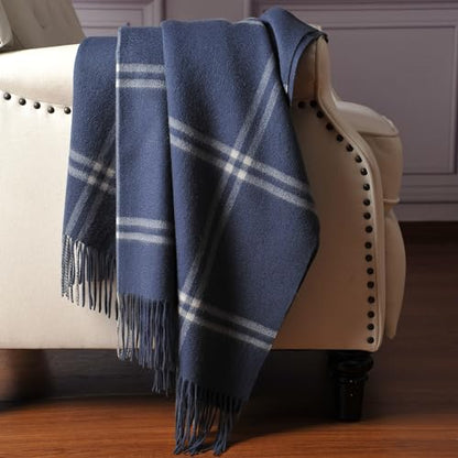 CUDDLE DREAMS Premium Cashmere Throw Blanket with Fringe (Plaid Blue) - color: Plaid Blue