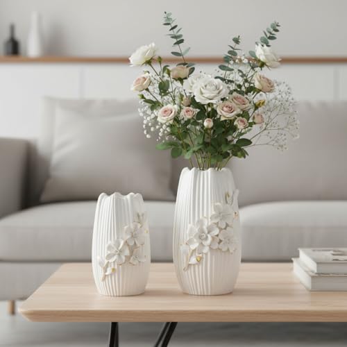White Ceramic Vase,7 Inch Textured Modern Flower Vase - color: White, size: 7 inch