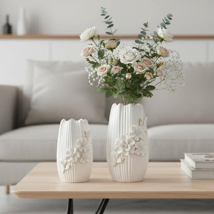 White Ceramic Vase,7 Inch Textured Modern Flower Vase - color: White, size: 7 inch