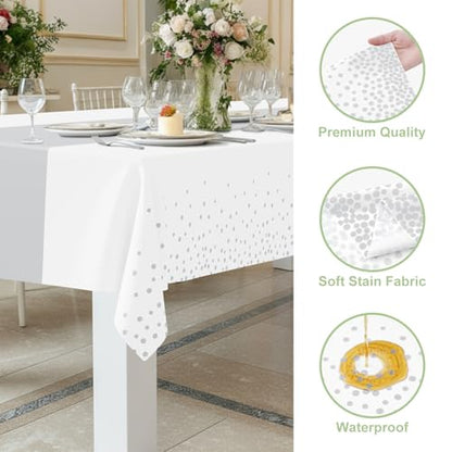 Smiry Disposable Rectangle Plastic 54 x 108 Inch Table Cloth 3 Pack - color: White and Sliver
