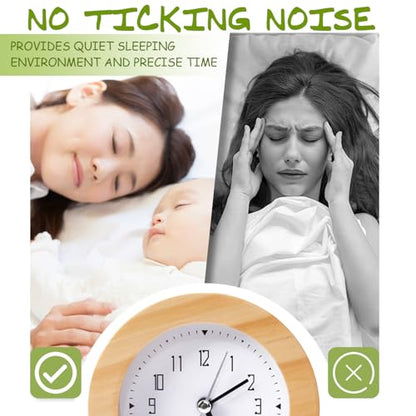 Wooden Analog Alarm Clock Silent Non-Ticking Desk Clock Battery Operated Table Clock with Nightlight for Bedroom,Children's Room, Living Room,Natural(4Inch) - color: Natural Wood