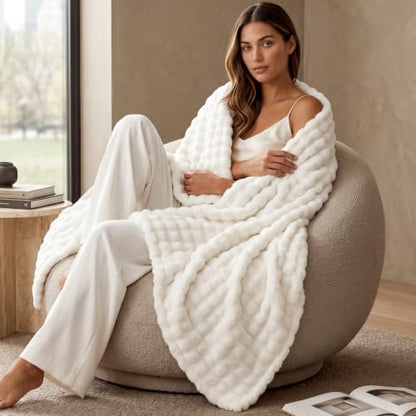 BEDELITE Cream White 3D Fleece Bubble Throw Blanket for Couch, 50x60 Inches - color: Cream White, size: Throw(50"x60")