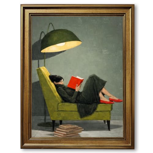 Cozy Reading Moment Canvas Wall Art Prints Woman Reading on Green Chair Poster Minimalist Book Lover Art Decor Vintage Illustration Artwork for Living Room Office Library 16x24inch Retro Gold Frame - color: Style-5 Golden Frame, size: 16"L x 24"W