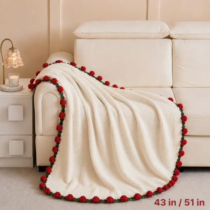 Rose Crochet Flower Bouquet Blanket, Handmade Knitted Throw Blanket - color: White, size: Medium