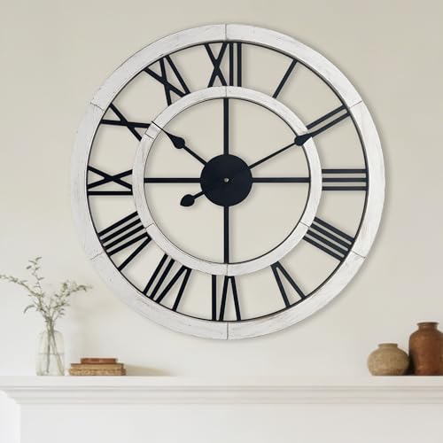 24 Inch Large Rustic Wall Clock Silent Non-Ticking Wooden Wall Clocks with Roman Numerals Farmhouse Decorative Clock for Living Room Bedroom Office (White) - color: White, size: 24 Inch