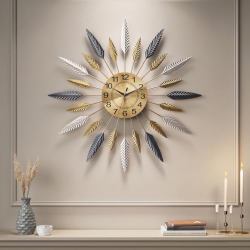 Cuspin 30 Inch Large Wall Clock Gold Mid Century Modern Sunburst Wall Clock - color: Leaf Sunburst, size: Large