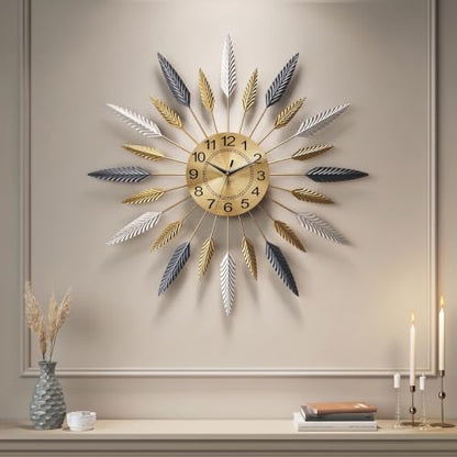 Cuspin 30 Inch Large Wall Clock Gold Mid Century Modern Sunburst Wall Clock - color: Leaf Sunburst, size: Large