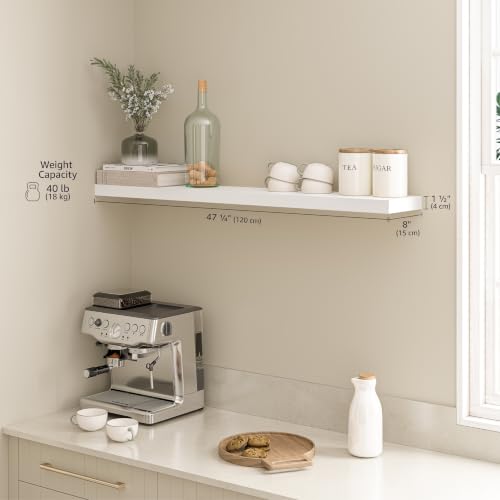 Ballucci Floating Shelf, 48" Wood Wall Shelf with Invisible Brackets for Bathroom, Living Room, Bedroom, Kitchen, Nursery, 8" Deep, White - color: White, size: 47.2 inches