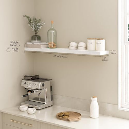 Ballucci Floating Shelf, 48" Wood Wall Shelf with Invisible Brackets for Bathroom, Living Room, Bedroom, Kitchen, Nursery, 8" Deep, White - color: White, size: 47.2 inches