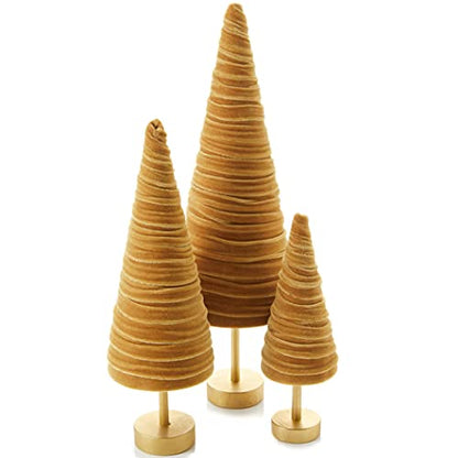 Gold Pedestal Velvet Trees Set of 3, Elegant Winter Accent Mantel, Valentine Tabletop, Sophisticated Wedding Centerpiece, Office Bookshelf, Cozy (Gold) - color: Gold